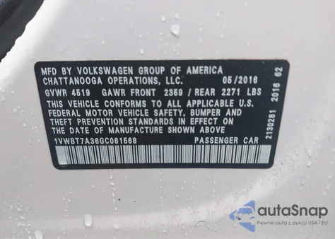 2016 Volkswagen Passat 1.8T Se from USA, damaged, VIN 1VWBT7A36GC061568